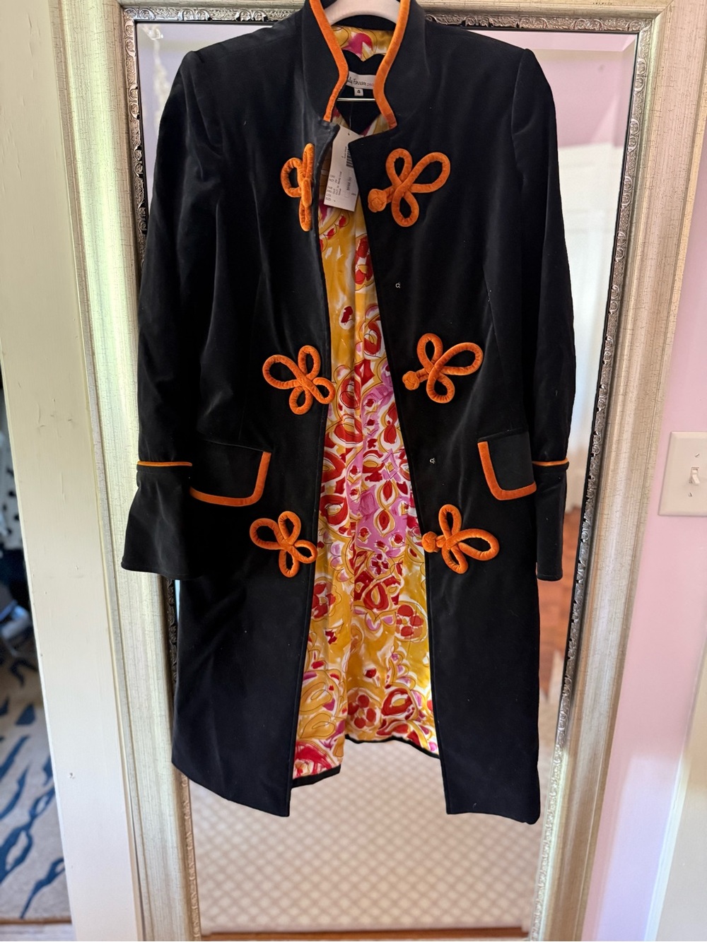 Dex Black Pea Coat with Orange Trim and Patterned Lining